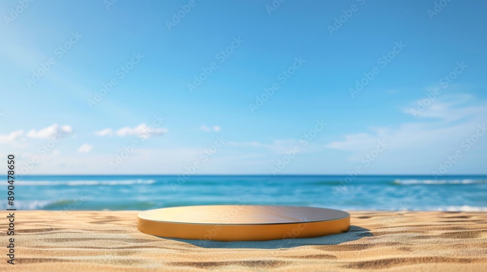 Empty wooden platform on a sandy beach with clear blue sky and ocean background, perfect for product display or advertising. display podium Empty wooden platform on a sandy beach with clear blue sky and ocean background, perfect for product display or advertising. display podium