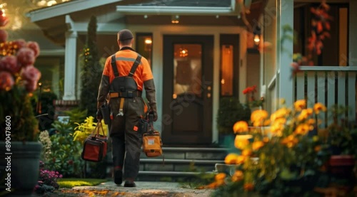 Back of professional handyman or repairman with bag and tools walking into the front door house