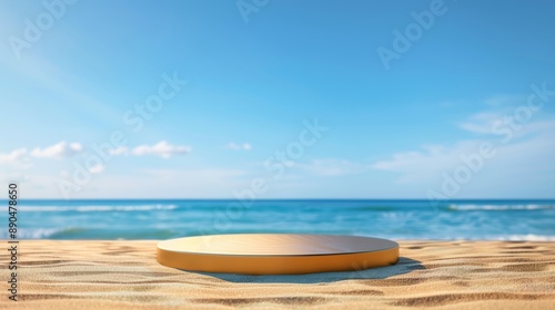 Empty wooden platform on a sandy beach with clear blue sky and ocean background, perfect for product display or advertising. display podium
