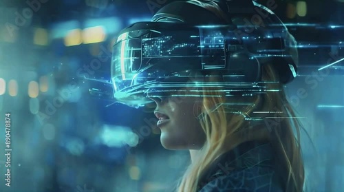 A woman wearing a VR headset is interacting with holographic virtual data in a futuristic office with a high-tech ambiance