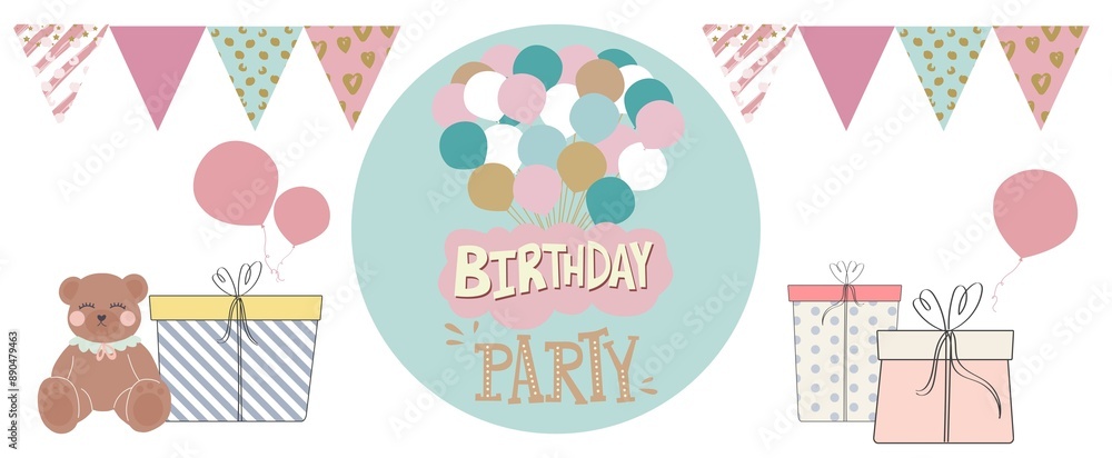Birthday card. Cake, balloon, teddy bear, toys. Horizontally banner. Birthday card. Cake, balloon, teddy bear, toys. Horizontally banner.