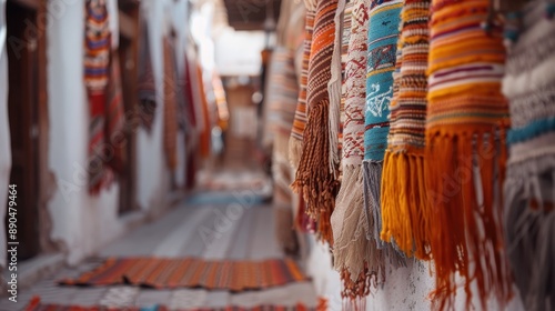 Wallpaper Mural Vibrant and traditional rugs are hanging in a narrow alleyway in an old village, showcasing intricate designs and bright colors that reflect the local culture. Torontodigital.ca