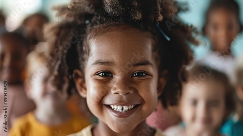 A close-up portrait of a young child beaming happily, with a backdrop of peers, capturing a moment of pure joy and carefree childhood inside a friendly environment.
