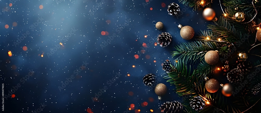 Christmas tree with decorations on a dark blue background with bokeh lights and a banner. A wide web design space for text and graphic elements. Christmas tree with decorations on a dark blue background with bokeh lights and a banner. A wide web design space for text and graphic elements.