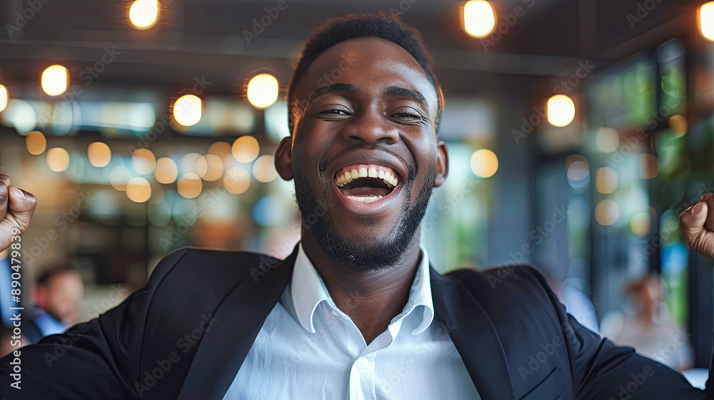 Fototapeta premium Happy Young Black Businessman Celebrating Success in Bokeh Office Background