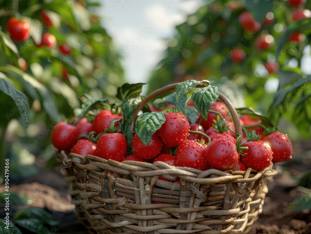 Freshly Picked Tomatoes in a Basket A Symbol of Organic Farming and Sustainable Agriculture, A Farmer's Harvest in the Field Freshly Picked Tomatoes in a Basket A Symbol of Organic Farming and Sustainable Agriculture, A Farmer's Harvest in the Field