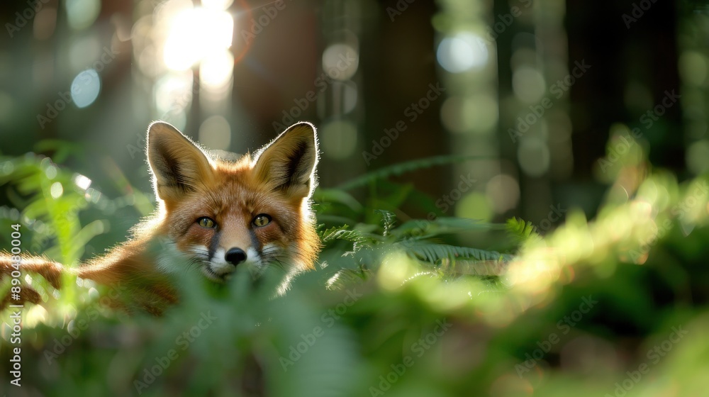 Naklejka premium A fox resting in a lush forest surrounded by ferns and dappled sunlight, depicting the calmness and beauty of wildlife in its natural environment during early morning.