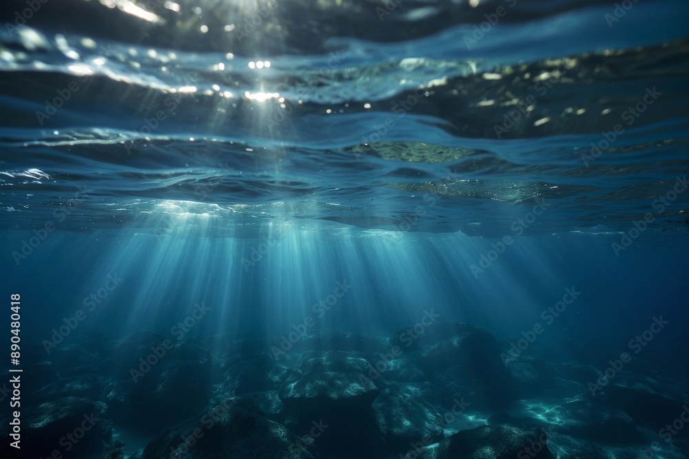 Obraz premium Sunlight beams through water surface creating mesmerizing pattern of light on rocky ocean floor
