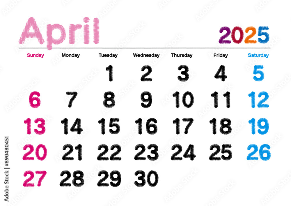 2025年4月の刺繍文字風カレンダー日曜始まり日本の祝日表記無し
2025年4月の刺繍文字風カレンダー日曜始まり日本の祝日表記無し