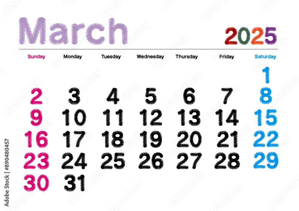 2025年3月の刺繍文字風カレンダー日曜始まり日本の祝日表記無し
2025年3月の刺繍文字風カレンダー日曜始まり日本の祝日表記無し