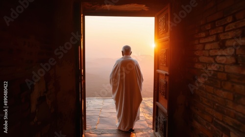 A serene image of a monk standing in the doorway of an ancient temple at sunset, symbolizing peace, contemplation, and spirituality as he gazes towards the horizon. photo