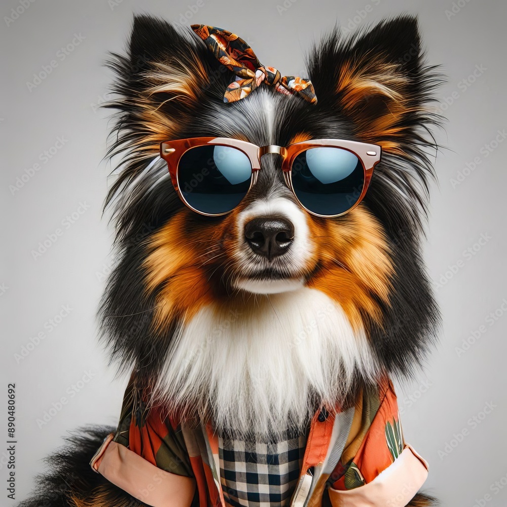 purebred dog in sunglasses and a summer suit looking at the camera isolated in the background, portrait of a funny pet in an outfit.
purebred dog in sunglasses and a summer suit looking at the camera isolated in the background, portrait of a funny pet in an outfit.