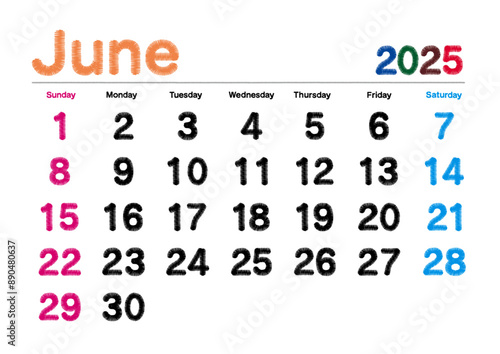 2025年6月の刺繍文字風カレンダー日曜始まり共通
