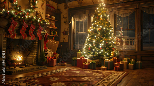 Wallpaper Mural vintage-style Merry Christmas classic cozy living room decoration holiday greetings presents tree gifts socks stockings ornaments candles event celebration festive snowflakes snow cheer drawing Torontodigital.ca