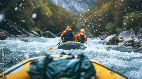 Two People Kayaking on Wild River Adventure Travel Vacation Concept POV from Raft in Water with Copy Space on Blurred Foreground