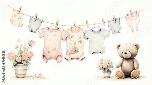 Watercolor illustration of baby clothes hanging on a clothesline with teddy bear and flowers.