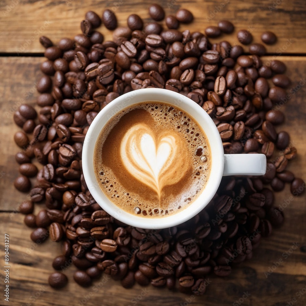 Fototapeta premium A cup of hot coffee with foam with a heart drawing on it. The cup is placed on a wooden table surrounded by many coffee beans.