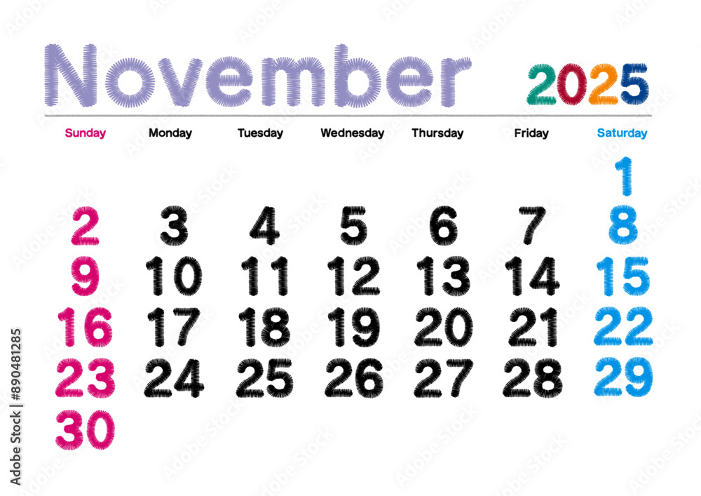 2025年11月の刺繍文字風カレンダー日曜始まり日本の祝日表記無し
2025年11月の刺繍文字風カレンダー日曜始まり日本の祝日表記無し