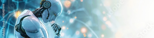 A white robot thinking in front of a futuristic background with blurred lights and blue color tones. A banner for an AI technology website with copy space photo