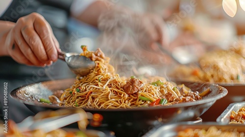 Serving a generous portion of noodles with succulent meat and vibrant vegetables, highlighting the deliciousness and warmth evoked by a freshly prepared, hearty meal in the kitchen. photo