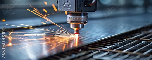 Detailed shot of a laser cutter in action on a metal sheet, engineering tools, advanced fabrication