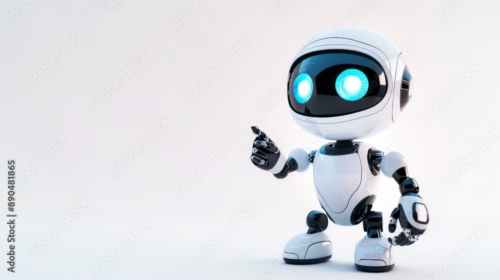 3D rendering of a cute robot character pointing a finger on a white background. An isolated cartoon futuristic droid with blue eyes and black circuitry, isolated on the left side of the screen 3D rendering of a cute robot character pointing a finger on a white background. An isolated cartoon futuristic droid with blue eyes and black circuitry, isolated on the left side of the screen