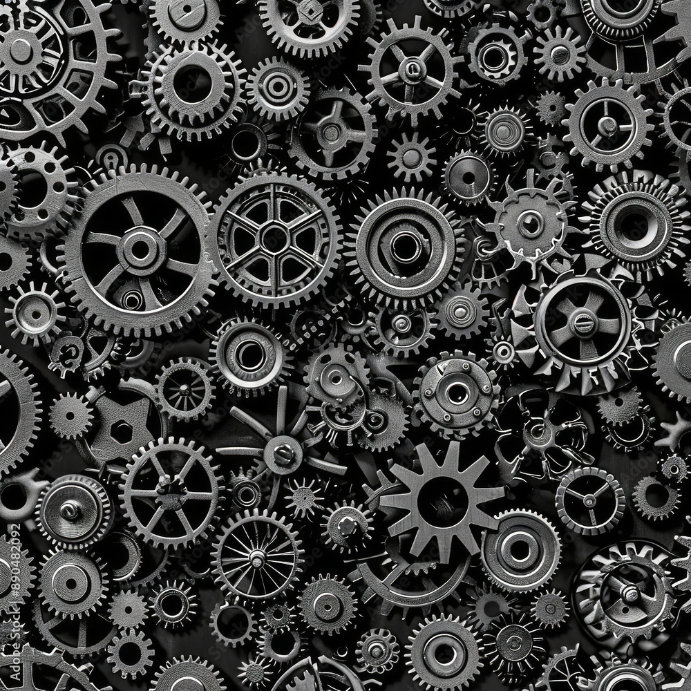 Steampunk Gears. Generated image. A digital illustration of many kinds of non-overlapping steampunk gears, silver tone, black color background. Steampunk Gears. Generated image. A digital illustration of many kinds of non-overlapping steampunk gears, silver tone, black color background.