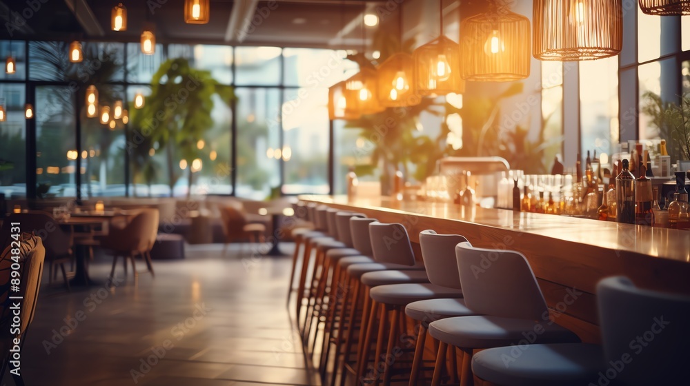 Modern bar interior with stools and large windows. Modern bar interior with stools and large windows.