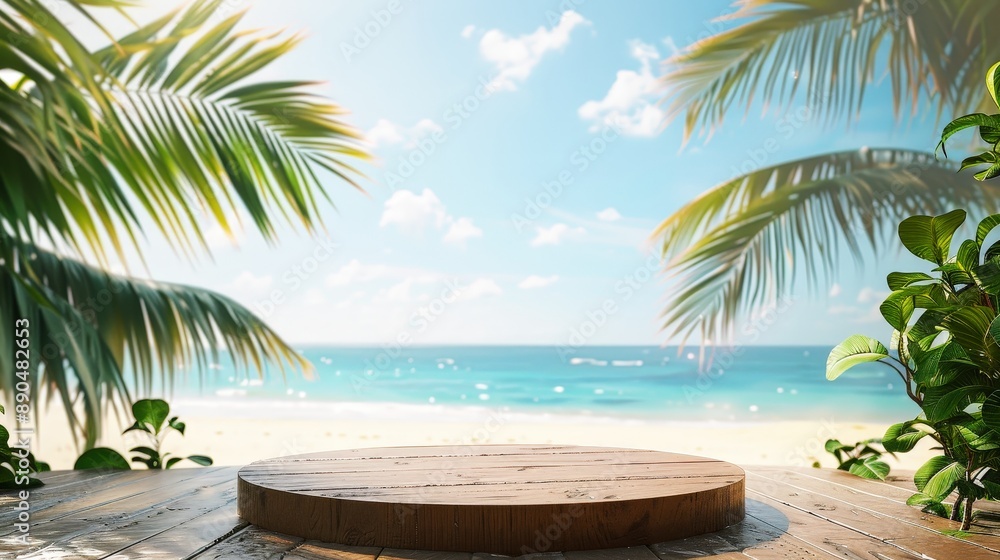 Fototapeta premium empty wood podium with tropical beach background for summer product display presentation design