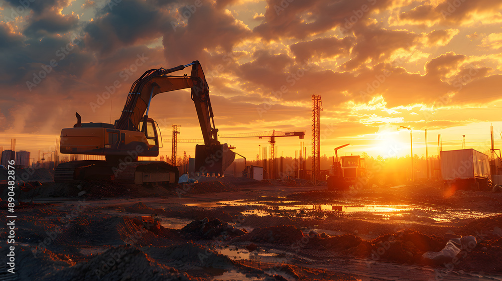 construction site sunset engineer, excavator site formation engineering construct ground work equipment machinery structures clouds construction site sunset engineer, excavator site formation engineering construct ground work equipment machinery structures clouds