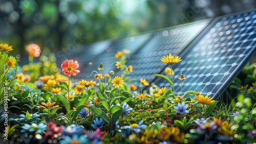 Solar panels in flower field. A row of solar panels stands in a field of colorful wildflowers under a bright blue sky. photo