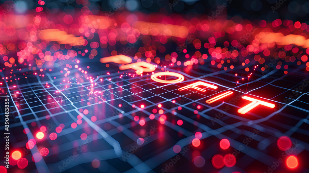 Glowing Neon Profit Sign Above Digital Grid With Red Bokeh Lights Background Business Finance And Technology Concept 3D Illustration Glowing Neon Profit Sign Above Digital Grid With Red Bokeh Lights Background Business Finance And Technology Concept 3D Illustration