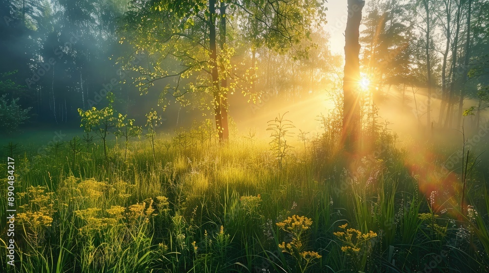 Beautiful nature at morning in the misty spring forest with sun Beautiful nature at morning in the misty spring forest with sun