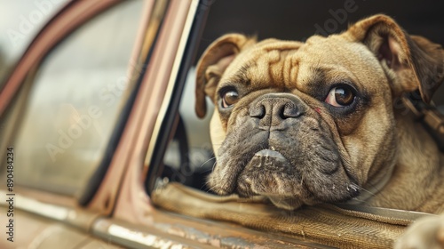 Curious bulldog leaning out of a car window during a road trip.