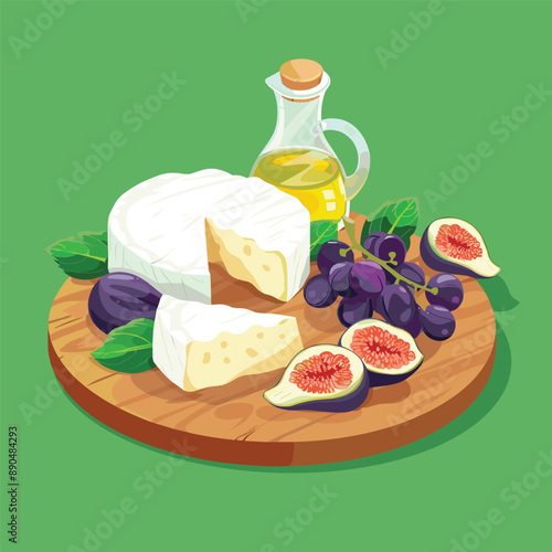 Camembert Cheese, Figs, Grapes & Olive Oil on Wooden Cutting Board