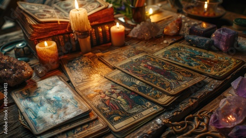 Magical tarot card spread on a wooden table with crystals and lights.