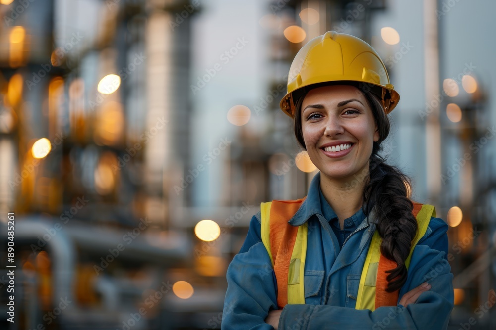 Happy female engineer at oil refinery, showcasing industry expertise Happy female engineer at oil refinery, showcasing industry expertise