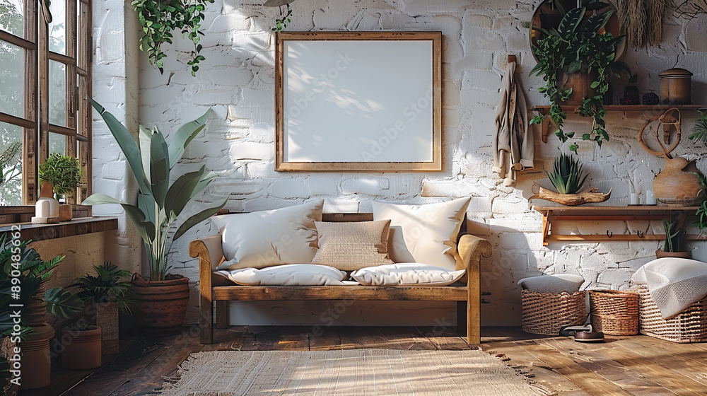 Fototapeta premium Boho Chic Home Interior with Mockup Frame, Wooden Bench, and Greenery Sunlight Streaming Through Window Rustic Decor