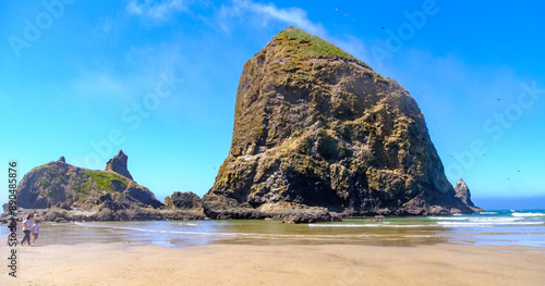 Wide Shot of Haystack rock at Low tide in Cannon Beach Oregon