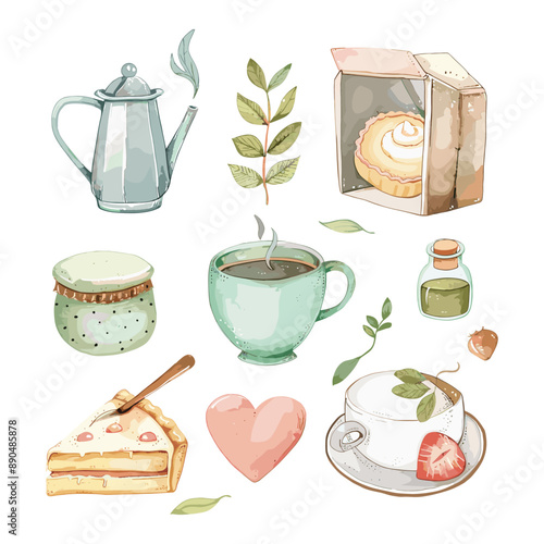 Watercolor Tea Time Illustration. Cup of Tea, Cake, and Teapot