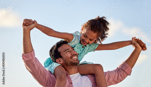 Bild auf Leinwand Father, kid and piggy back with blue sky or support with happiness, man with daughter in Mexico holiday