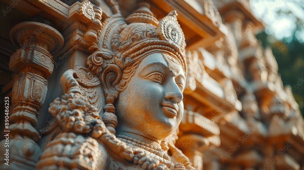 Fototapeta premium Intricately carved stone deity sculpture on a temple exterior showcasing exquisite craftsmanship.