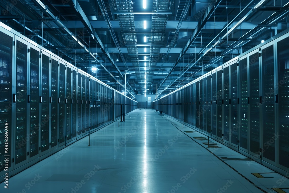 Big Data Center, dark corridor in a huge data center Big Data Center, dark corridor in a huge data center