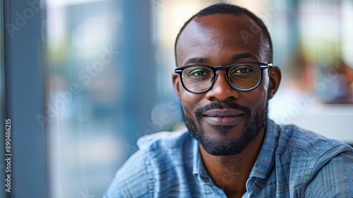 Confident Black Man With Eyeglasses Wearing Blue Shirt Smiling At The Camera In Office Setting With Natural Light Background Blur High Quality Stock Photo © Hoody Baba