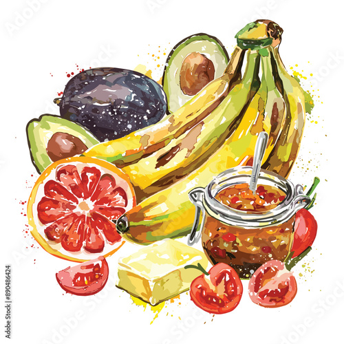 Watercolor illustration of banana, avocado, grapefruit, tomato, and jam on white background