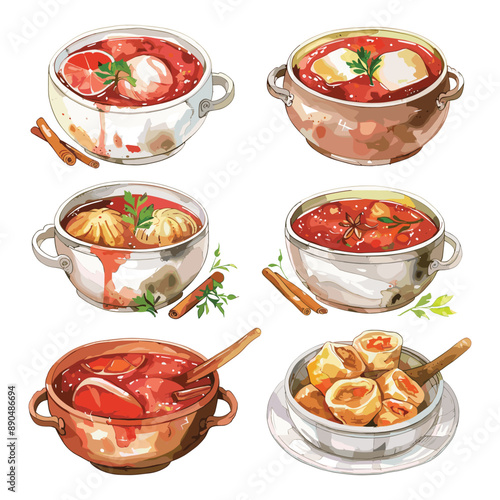 Set of watercolor illustrations of borscht soup with different toppings