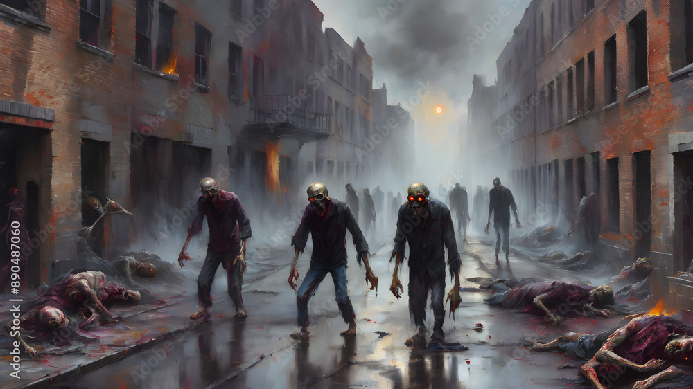 Zombies roam the city streets. Zombies roam the city streets.