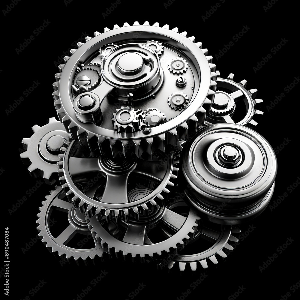 Steampunk Gears.  Generated image.   A digital illustration of many kinds of non-overlapping steampunk gears, silver tone, black color background.