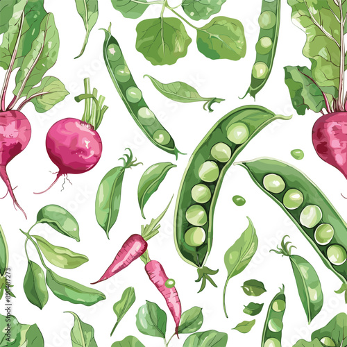 Seamless pattern with watercolor radishes, peas, and green leaves on a white background.