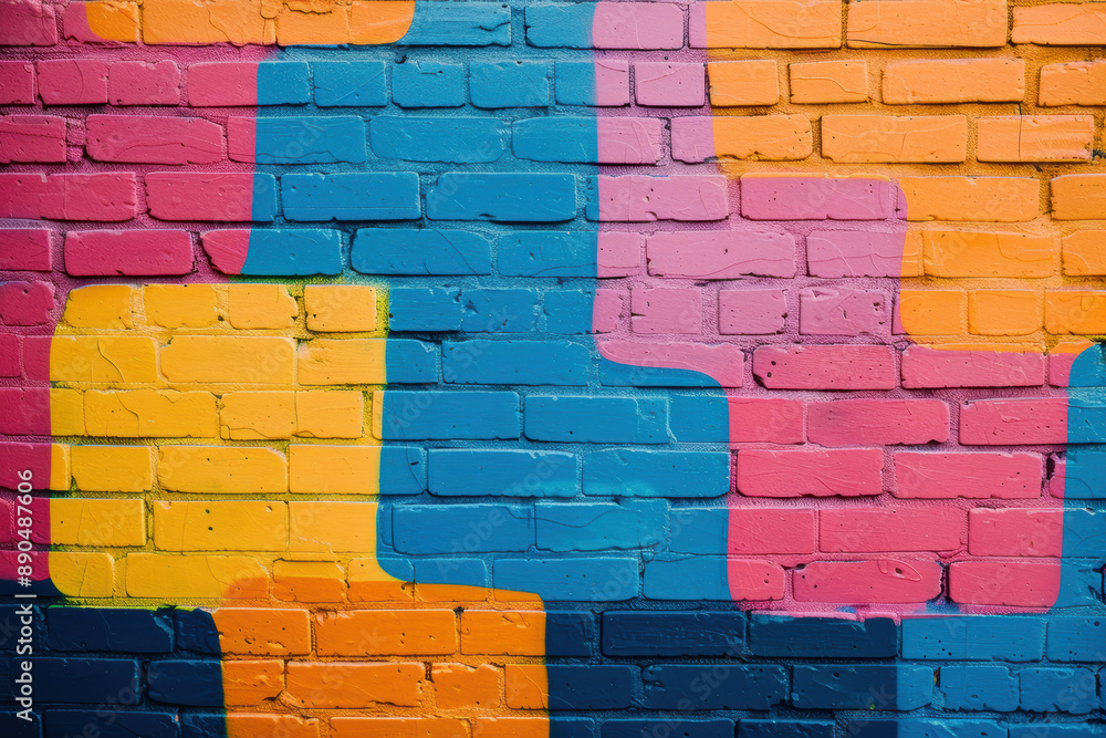 Obraz premium Colorful brick wall with vibrant abstract patterns and graffiti art, showcasing urban street art creativity and bold geometric designs.
